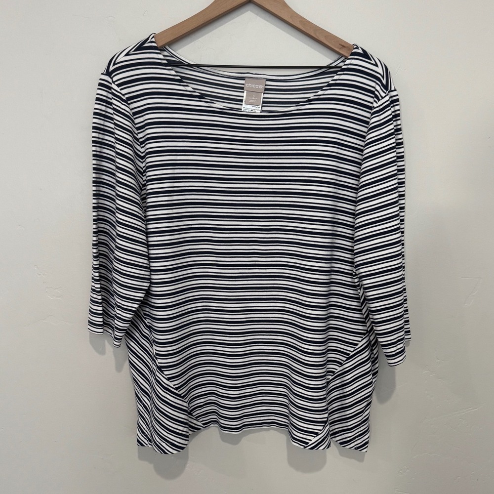 Chico's Navy Blue & White Striped 3/4 Sleeve Knit Top Nautical Preppy XL Size 3